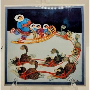 Barbara Lavallee Alaskan Tile Trivet Inuit Eskimo Art Dog Sled Husky Signed 6 in